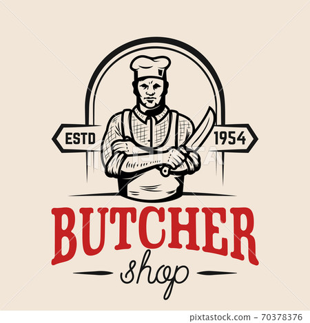 Butcher with knife. Design element for emblem, sign, label, poster. Vector illustration Butcher with knife. Design element for emblem, sign, label, poster. Vector illustration 70378376