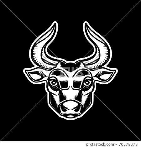 Bull head illustration isolated on dark background. Design element for emblem, sign, poster, label. Bull head illustration isolated on dark background. Design element for emblem, sign, poster, label. 70378378