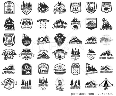 Big set of camping, hiking, tourism emblems. Design element for emblem, sign, label, poster. Big set of camping, hiking, tourism emblems. Design element for emblem, sign, label, poster. 70378380
