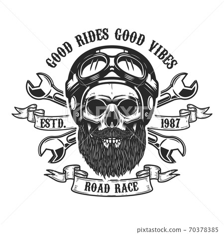 Racer skull in helmet. Design element for emblem, sign, label, poster. Vector illustration 70378385