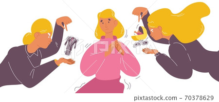 Woman unsure of her way in life and priority of lifestyle. Career or kids and family first choise. Blonde character in doubt Woman unsure of her way in life and priority of lifestyle. Career or kids and family first choise. Blonde character in doubt 70378629