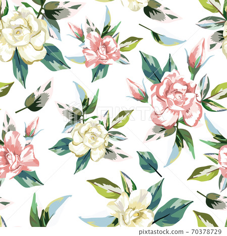 Rose flowers seamless pattern white background Rose flowers seamless pattern white background 70378729
