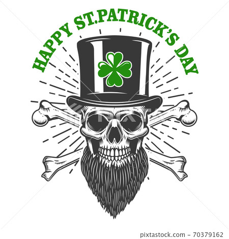 Happy saint patrick day. Irish Leprechaun skull with clover. Design element for poster, t-shirt, emblem, sign. Happy saint patrick day. Irish Leprechaun skull with clover. Design element for poster, t-shirt, emblem, sign. 70379162