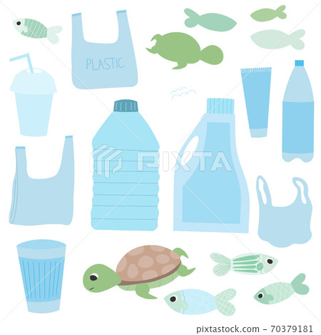 Set of plastic objects and marine creatures isolated on white background, vector graphics for infographics Set of plastic objects and marine creatures isolated on white background, vector graphics for infographics 70379181