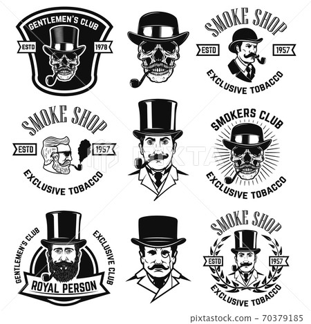 Set of smokers club emblems. Vintage gentlemans portraits with smoking pipes. Design element for logo, label, emblem, sign, poster, banner. 70379185