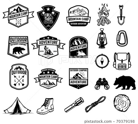 Set of camping, hiking, tourism emblems. Design element for emblem, sign, label, poster. Set of camping, hiking, tourism emblems. Design element for emblem, sign, label, poster. 70379198