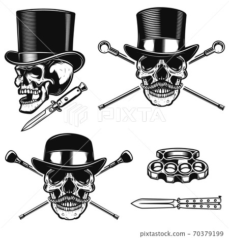 Set of gentleman skull in vintage hats. Design element for poster, emblem, sign, t shirt. Set of gentleman skull in vintage hats. Design element for poster, emblem, sign, t shirt. 70379199