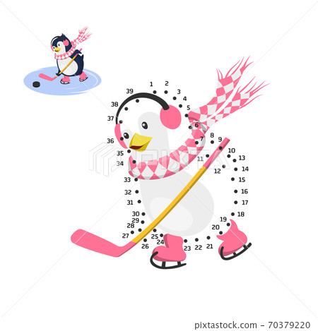 Dot to dot game. Educational number puzzle for kids. Penguin playing hockey. Funny bird in cartoon style. Isolated cute character 70379220