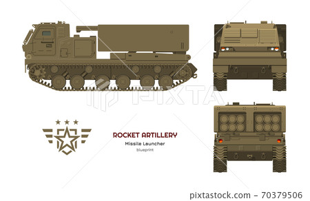 Missile vehicle in realistic style. Rocket artillery. Side, front and back view. 3d image of military tractor with jet weapon. Camouflage tank 70379506