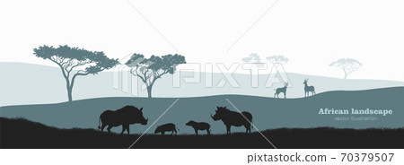 Black silhouette of african boar. Scenery with desert warthog family. Landscape with wild african animals. Scene of savannah wildlife. Travel poster of Africa Black silhouette of african boar. Scenery with desert warthog family. Landscape with wild african animals. Scene of savannah wildlife. Travel poster of Africa 70379507