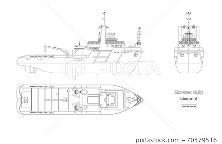Outline blueprint of rescue ship on white background. Top, side and front view. Industry drawing. Isolated image of boat 70379516