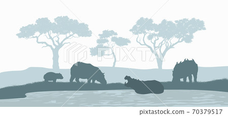 Black silhouette of hippopotamus family. Scene with hippos. Landscape of wild african animals. Savannah panorama 70379517
