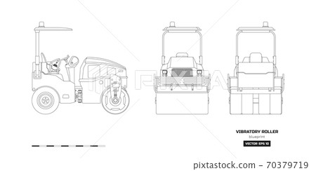 Vibratory roller in outline style. Side, back and front view. Building machinery image. Industrial isolated drawing of asphalt compactor. Diesel vehicle blueprint Vibratory roller in outline style. Side, back and front view. Building machinery image. Industrial isolated drawing of asphalt compactor. Diesel vehicle blueprint 70379719