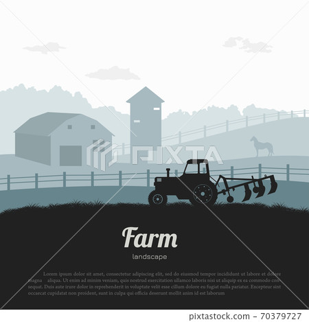 Silhouettes of farm landscape. Rural panorama of runch with tractor. Village scenery for poster. Farmer house and horse Silhouettes of farm landscape. Rural panorama of runch with tractor. Village scenery for poster. Farmer house and horse 70379727