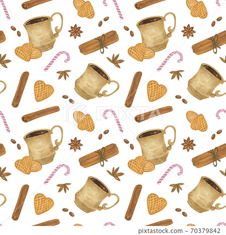 Repeat pattern of winter hot drink cup and cinnamon watercolor illustration of food dessert image, menu, greeting card, seamless winter holidays celebration design, simple pattern Repeat pattern of winter hot drink cup and cinnamon watercolor illustration of food dessert image, menu, greeting card, seamless winter holidays celebration design, simple pattern 70379842