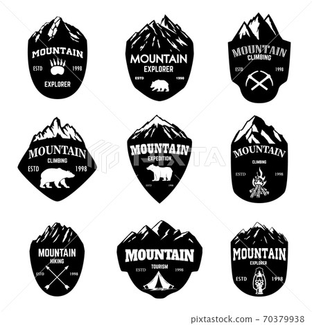 Set of mountain tourism, hiking emblems. Design element for logo, label, emblem, sign. Set of mountain tourism, hiking emblems. Design element for logo, label, emblem, sign. 70379938