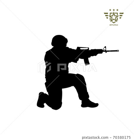 Black silhouette of sitting american soldier. USA army. Military man with weapon. Isolated warrior image. 70380175