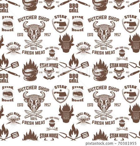Seamless pattern with steak house symbols. Grill, bbq, fresh meat. Design element for poster, menu, flyer, banner, menu, package. 70381955