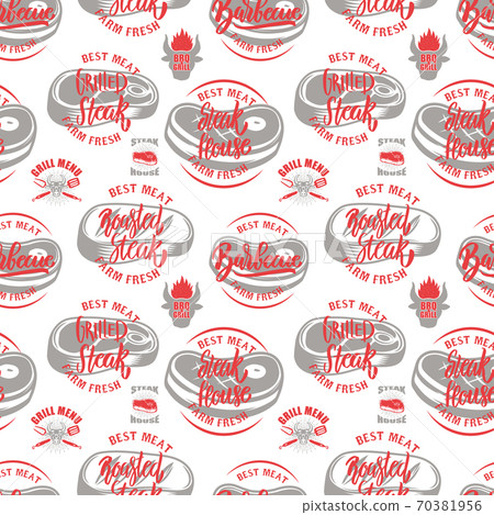 Seamless pattern with steak house symbols. Grill, bbq, fresh meat. Design element for poster, menu, flyer, banner, menu, package. 70381956