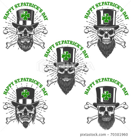 Happy saint Patrick day. Set of Irish Leprechaun skull with clover. Design element for poster, t-shirt, emblem, sign. Happy saint Patrick day. Set of Irish Leprechaun skull with clover. Design element for poster, t-shirt, emblem, sign. 70381960