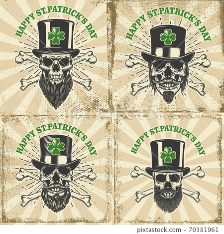 Happy saint Patrick day. Set of Irish Leprechaun skull with clover. Design element for poster, t-shirt, emblem, sign. Happy saint Patrick day. Set of Irish Leprechaun skull with clover. Design element for poster, t-shirt, emblem, sign. 70381961