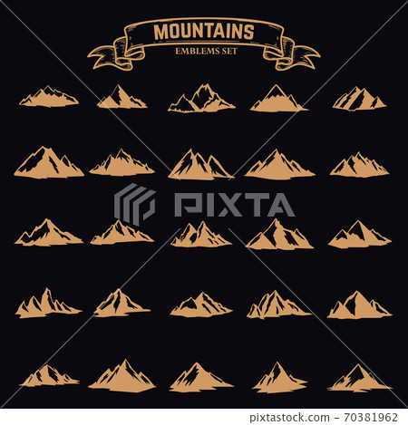 Set of mountain icons in golden style isolated on dark background. Design elements for logo, label, emblem, sign. Vector illustration Set of mountain icons in golden style isolated on dark background. Design elements for logo, label, emblem, sign. Vector illustration 70381962