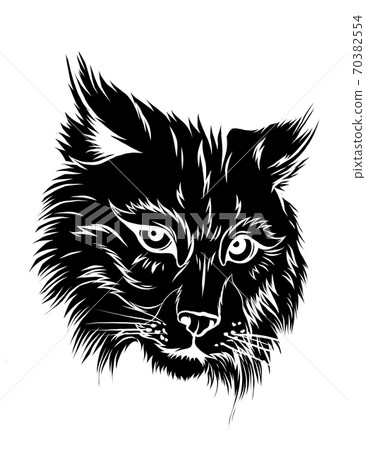 The illustration shows an angry bobcat face. The wild animal has sharp fangs and looks scary. 70382554