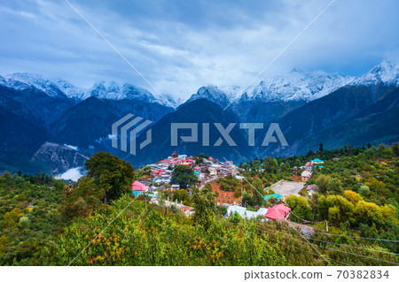 Kalpa town aerial panoramic view, India 70382834