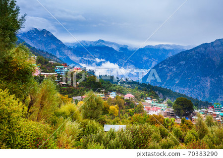 Kalpa town aerial panoramic view, India 70383290