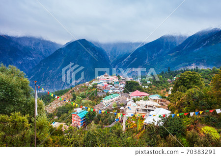 Kalpa town aerial panoramic view, India 70383291