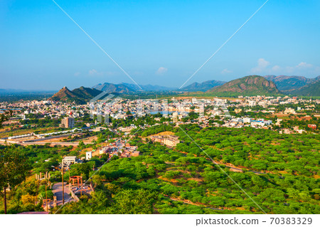 Pushkar town aerial panoramic view, India 70383329