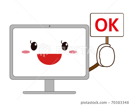 A computer with a smiling face that has an OK tag A computer with a smiling face that has an OK tag 70383348