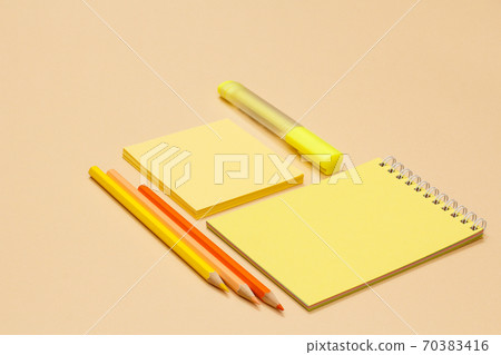 School supplies. Color pencils, notebook, note-paper School supplies. Color pencils, notebook, note-paper 70383416
