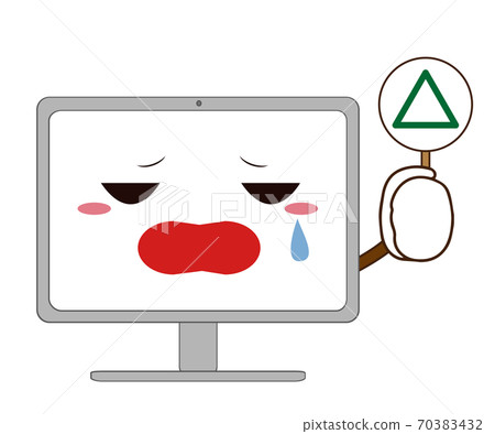 A computer with a troubled expression holding a triangular tag 70383432
