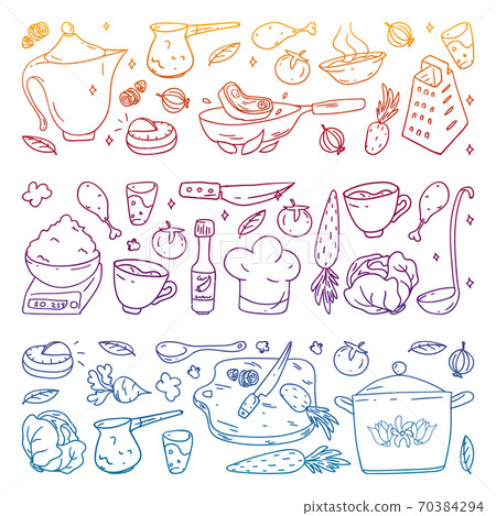 Vector set of cooking, gastronomy, vector cuisine and fast food cafe icons in doodle style. Painted, colorful, gradient, on a sheet of checkered paper on a white background. Vector set of cooking, gastronomy, vector cuisine and fast food cafe icons in doodle style. Painted, colorful, gradient, on a sheet of checkered paper on a white background. 70384294