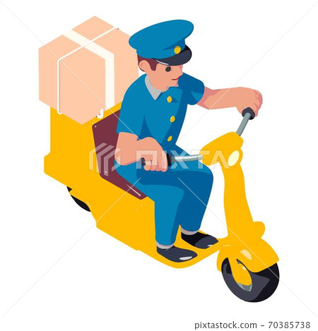 Postman scooter box delivery icon, isometric style Postman scooter box delivery icon, isometric style 70385738