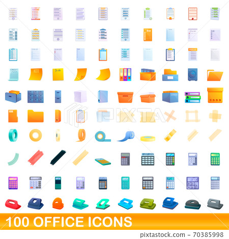 100 office icons set, cartoon style 100 office icons set, cartoon style 70385998