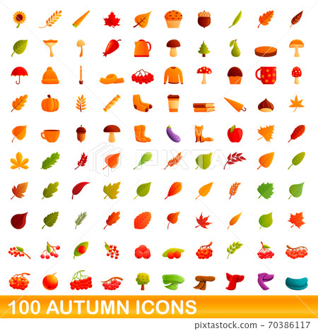 100 autumn icons set, cartoon style 100 autumn icons set, cartoon style 70386117