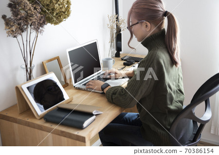 婦女和書桌用品在家庭辦公室中遠程工作 婦女和書桌用品在家庭辦公室中遠程工作 70386154
