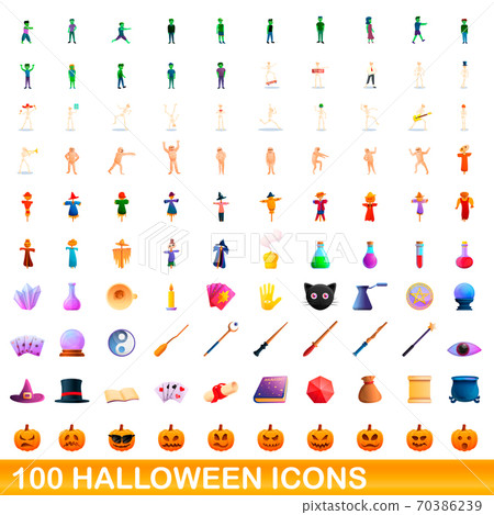 100 halloween icons set, cartoon style 70386239