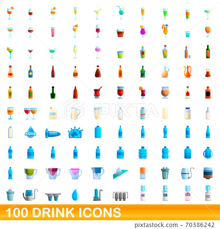 100 drink icons set, cartoon style 70386242