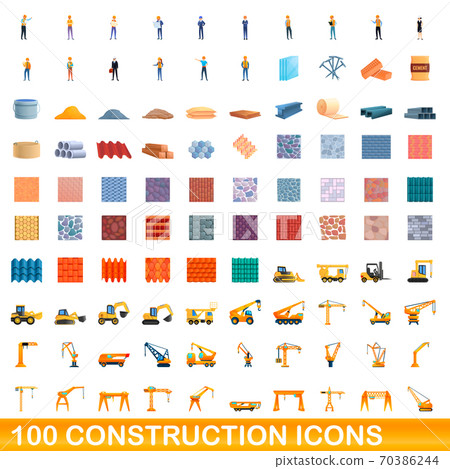 100 construction icons set, cartoon style 70386244
