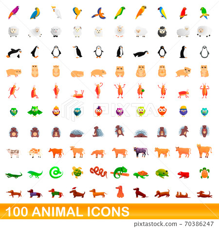 100 animal icons set, cartoon style 70386247