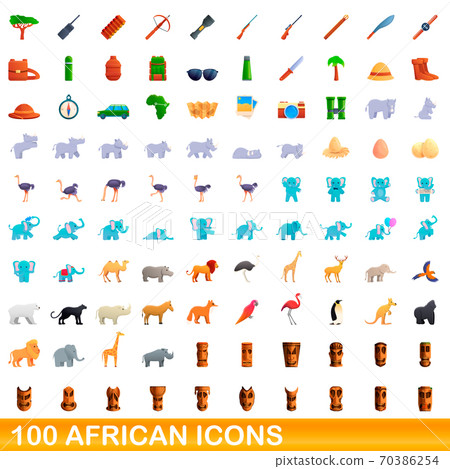 100 african icons set, cartoon style 70386254