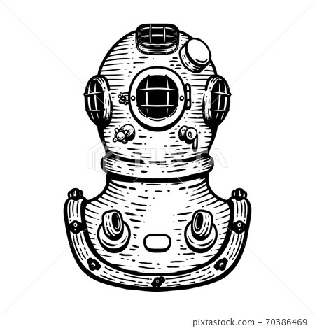 Hand drawn retro style diver helmet illustration on white background. Design elements for logo, label, emblem, sign, badge. Hand drawn retro style diver helmet illustration on white background. Design elements for logo, label, emblem, sign, badge. 70386469