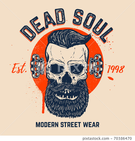 Dead soul. Bearded skull on grunge background. Design element for t shirt, poster, card, banner. Dead soul. Bearded skull on grunge background. Design element for t shirt, poster, card, banner. 70386470
