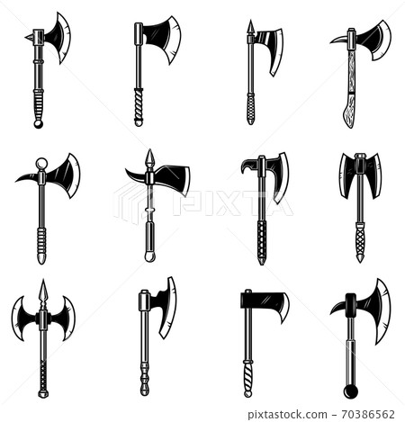 Set of medieval axes isolated on white background. Design element for logo, label, emblem, sign. Set of medieval axes isolated on white background. Design element for logo, label, emblem, sign. 70386562