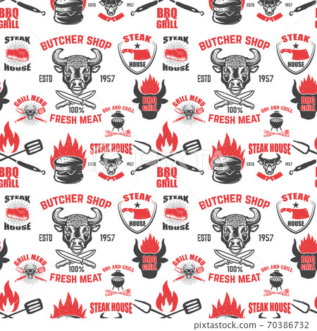 Seamless pattern with steak house symbols. Grill, bbq, fresh meat. Design element for poster, menu, flyer, banner, menu, package. 70386732