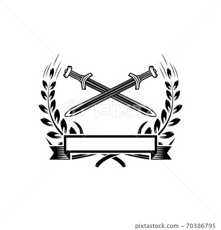 Emblem template with crossed swords. Design element for logo, label, emblem, sign. Emblem template with crossed swords. Design element for logo, label, emblem, sign. 70386795