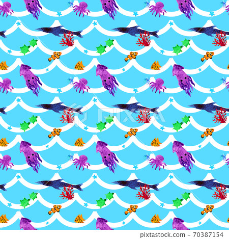 Colorful sea animal seamless pattern illustration design watercolor painting 70387154